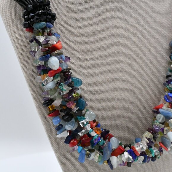 Vintage Multi-Gem Black Cord & Chip Stone Necklace 20 3/4" - Picture 7 of 7